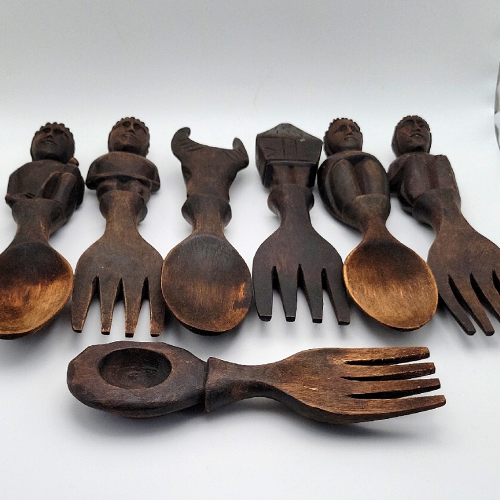 Set of 7 Hand Carved Primitive Wooden Spoons and Forks